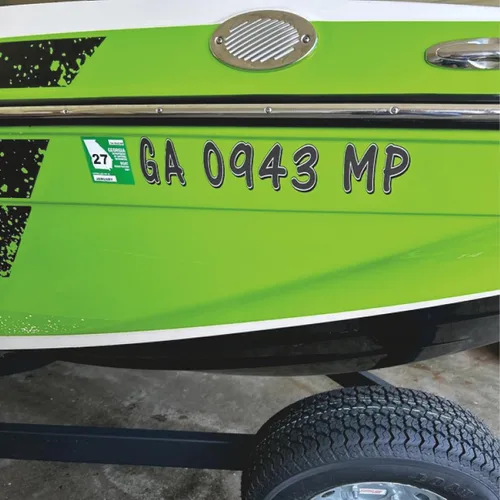 Vista 5 de Números de registro del estado de barco y jet personalizados (paquete de dos) Calcomanías de vinilo de 3 pulgadas para casco X2 GR