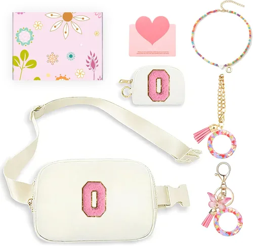 Vista 19 de Regalos de moda para niñas adolescentes, cangurera con monograma para niña con llavero, collar, dijes de taza, tarjeta de felicitación y caja
