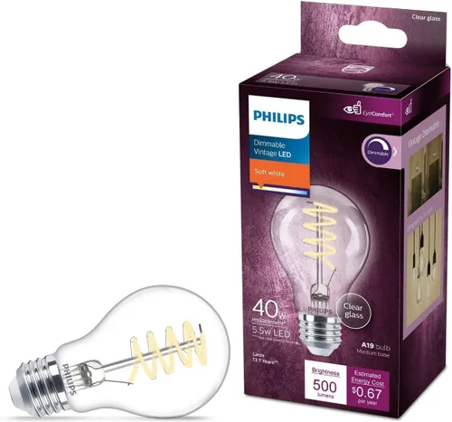 Vista 14 de PHILIPS LED 60 W A19 Vintage Edison Espiral Amber, 1 paquete 400 lúmenes, regulable, luz sin parpadeo, EyeComfort, hasta 15000 horas de vida útil