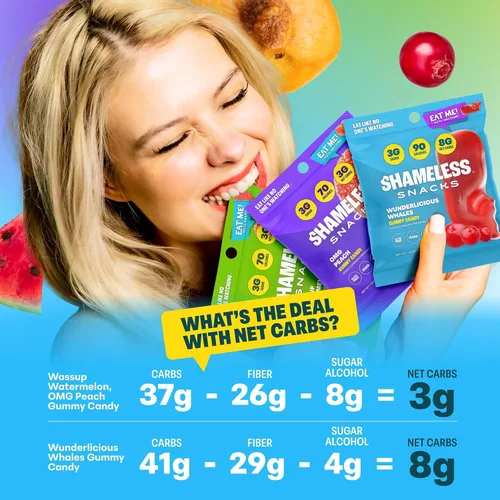 Vista 3 de Shameless Snacks - Gomitas keto bajas en carbohidratos sin gluten - Melocotón, sandía, ballenas Wunderlicious