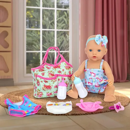 Vista 6 de UNICORN ELEMENT Juego de 12 accesorios para muñecas de bebé, kit de alimentación y cuidado con bolsa de pañales, pañales para muñecas, 2 botellas