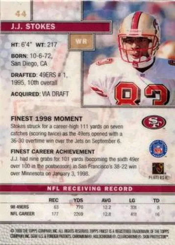 Vista 2 de 1999 Finest Football #44 J.J. Stokes San Francisco 49ers Official NFL Trading Card From The Topps Company
