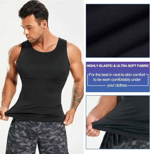 Vista 3 de Camiseta de compresión para hombre, adelgaza y moldea el cuerpo - chaleco de entrenamiento, camiseta de tirantes, para marcar abdominales, camisetas