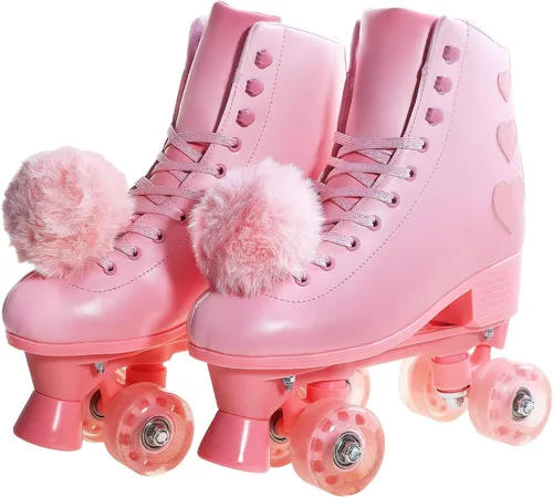Vista 3 de Patines de ruedas para mujer, patines de piel sintética de alta calidad, cuatro ruedas rosadas brillantes de doble fila, patines cuádruples