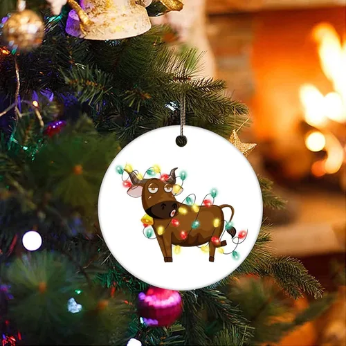 Vista 3 de Cheyan Animales y luces de vaca adorno de Navidad, adorno de árbol de Navidad para decoración del hogar, adorno de porcelana, adorno colgante