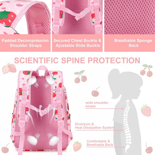 Vista 4 de BTOOP Mochila para niños en edad preescolar para niños y niñas, mochila escolar de viaje de 15 pulgadas, para niños de 3 a 8 años, Fresa