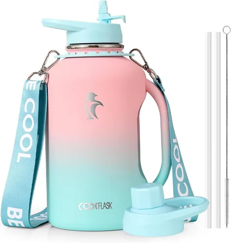 Vista 17 de Coolflask - Botella de agua aislada de 64 onzas, jarra de agua de medio galón con asa, popote de acero inoxidable, doble pared, de metal al vacío
