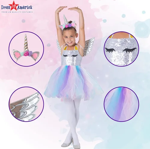 Vista 3 de Dress Up America Vestido de unicornio para niñas, vestido de fiesta de disfraz de unicornio, vestido de tutú mágico y diadema