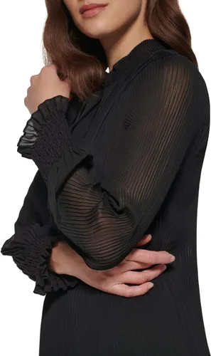 Vista 4 de DKNY Vestido plisado de manga larga con cuello de lazo para mujer