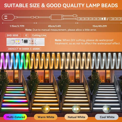 Vista 2 de Tira de luces LED RGBWW+IC de 50 pies para exteriores, IP67, impermeable, multicolor+3000K-6500K 24V luces LED con control remoto y aplicación