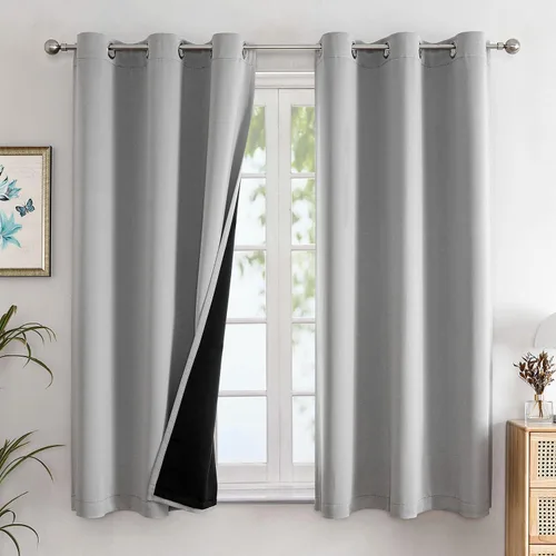 Vista 38 de ChrisDowa Cortinas 100% opacas de 63 pulgadas de largo para dormitorio con forro negro, 2 capas gruesas totalmente opacas con aislamiento térmico
