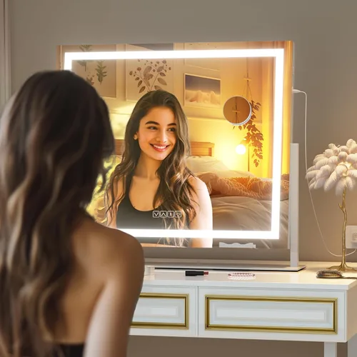 Vista 9 de Hasipu Espejo de tocador con luces y altavoz Bluetooth, espejo de maquillaje LED de 24 x 20 pulgadas, espejo iluminado con aumento de 10X, puerto