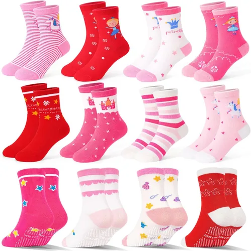 Vista 10 de ELUTONG - Calcetines de agarre para niños, paquete de 12 unidades, antideslizantes, calcetines de tripa para bebés y niños de 1 a 7 años, niños