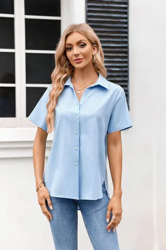 Vista 2 de Camisas de manga corta con botones para mujer, blusas de algodón y lino, cuello en V, camisa básica de trabajo