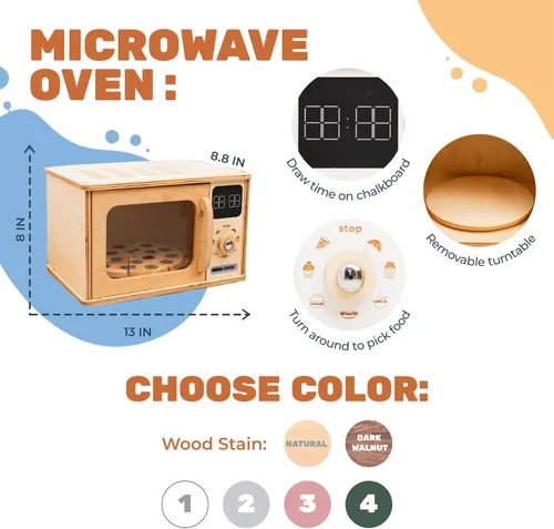 Vista 3 de Horno de microondas de madera para niños, muebles Montessori para niños pequeños, juguete de microondas, madera para niños, sala de juegos de madera