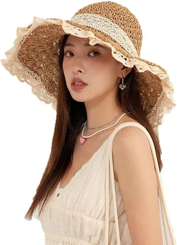 Vista 4 de Sombrero de sol para mujer, de ala ancha, con encaje, con protección UPF 50+, plegable, para verano, viajes, paja