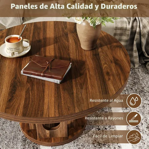 Vista 3 de knoworld Mesa de Centro Redonda de 31.5", Mesa de Centro Circular Pequeña de Madera con Diseño de Panel con Orificio y Empalme, Mesas de Centro