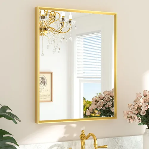 Vista 96 de TETOTE Espejo de baño dorado cepillado de 20" x 30", espejo de tocador de baño rectangular de latón dorado cepillado con marco biselado para sobre