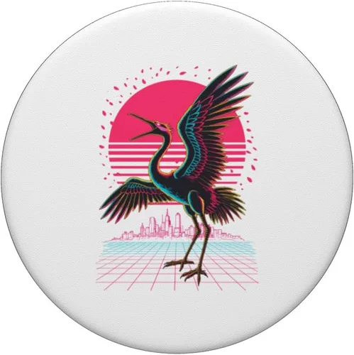Vista 3 de Retro Synthwave Kaiju Monster Whooping Crane City Cranes PopSockets Adhesive PopGrip