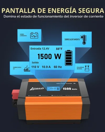 Vista 4 de Ampeak Inversor de potencia de 1500 W, 6.2 A, puertos USB duales, 3 salidas AC, inversor de corriente continua de 12 V a CA 110 V, puerto