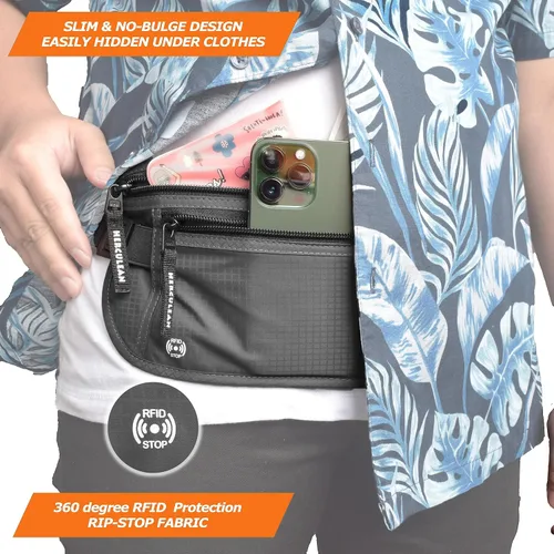 Vista 6 de HERCULEAN - Cinturón de viaje para dinero, delgado soporte para pasaporte, bolsa de viaje con bloqueo RFID para proteger el efectivo, tarjetas