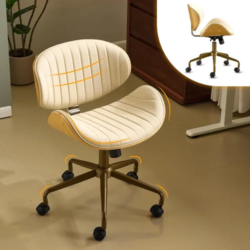 Vista 11 de VINGLI Silla giratoria de oficina en casa amplia y cómoda con carcasa curvada de grano de madera, silla de escritorio ergonómica acolchada sin negro