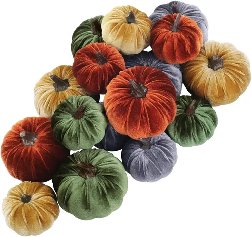 Vista 13 de Winlyn Juego de 16 calabazas de terciopelo sintético surtidas, decorativas, color verde azulado, verde, gris, marfil, calabazas de espuma de tela