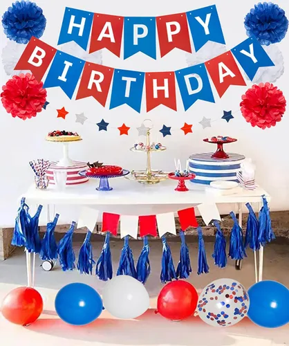 Vista 2 de Decoraciones de cumpleaños azules, blancas y rojas, kit de suministros de fiesta patriótica para hombres, mujeres y niños, pancarta de feliz