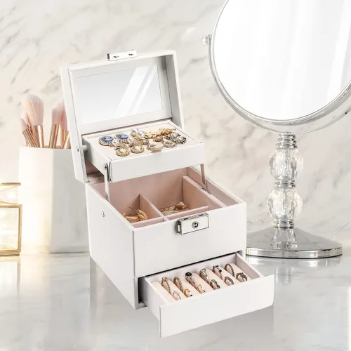 Vista 4 de ProCase Joyero para niñas y mujeres que viajan regalo ideal pequeño organizador de joyas de 3 capas con cerradura de espejo organizador para aretes