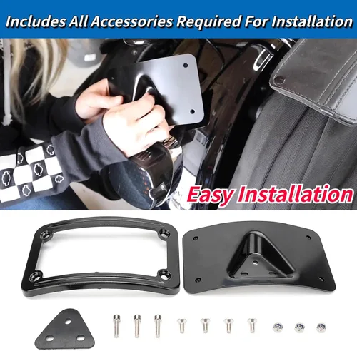 Vista 3 de 3148 Soporte de placa de matrícula curvado inclinado con marco compatible con Harley Davidson montaje de 3 agujeros (negro)