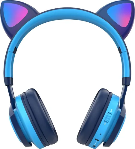 Vista 2 de Riwbox CT-7 - Auriculares Bluetooth de oreja de gato, con luz LED, inalámbricos, con micrófono y control de volumen para viajes, escuela, Azul