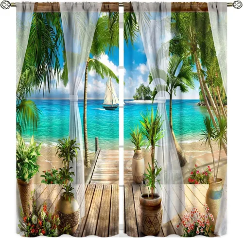 Vista 12 de Cortinas opacas para dormitorio con temática de vacaciones en la playa, palmeras, estilo verano, con bolsillo para barra, para sala de estar