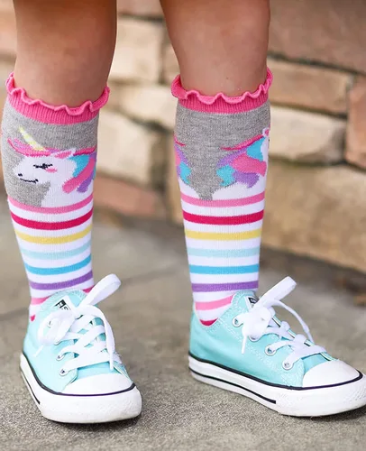 Vista 5 de Jefferies Socks Calcetines altos hasta la rodilla con volantes y rayas de unicornio unicornio para niña, paquete de 2