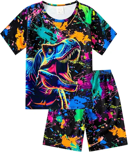 Vista 15 de MyFav - Pijamas para niños grandes de 2 piezas, pantalones cortos, lindos dibujos animados, ropa de dormir 4 piezas Alien