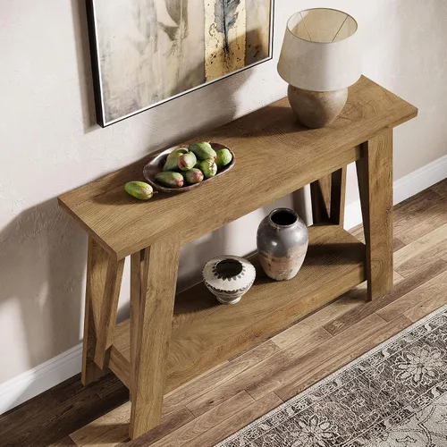 Vista 5 de Tribesigns Mesa consola de granja de 41.3 pulgadas, mesa de entrada de madera de 2 niveles con almacenamiento, rústica estrecha detrás del sofá