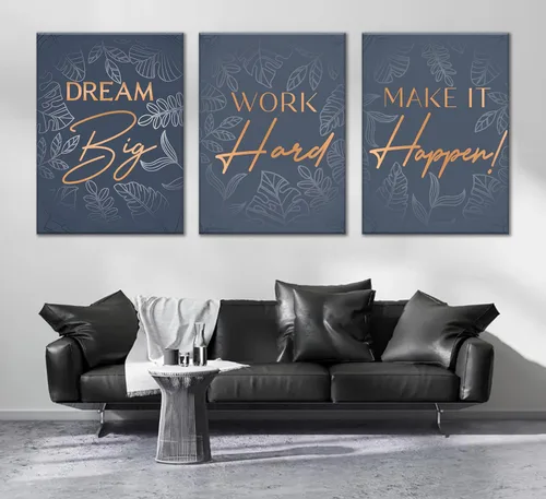 Vista 5 de 3 piezas de lienzo inspirador de oro azul para oficina, arte de pared, inspirador motivacional positivo, pinturas botánicas, cuadros de decoración