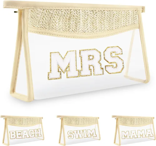 Vista 19 de Iqimott 2 bolsas de maquillaje con parches transparentes, bolsa de letras boho para nadar en la playa, bolsas de maquillaje impermeables