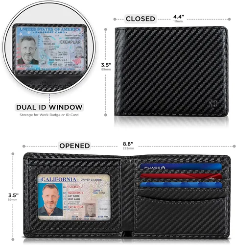 Vista 3 de SERMAN BRANDS Cartera de 2 ventanas de identificación para hombres con bloqueo RFID, tapa plegable, cartera de viaje de capacidad adicional