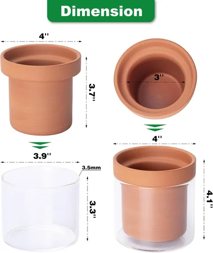 Vista 4 de Phoenix Vine Maceta de riego automático de 4 pulgadas, maceta de arcilla de terracota con depósito de vidrio para plantas de interior, hierbas