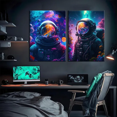 Vista 2 de Arte de pared de astronauta abstracto retro astronauta en el océano, póster colorido y fantástico universo espacial, impresiones de pintura espacial