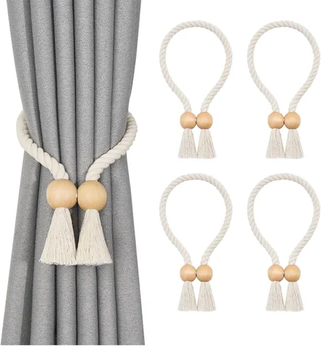 Vista 56 de NICEEC 2 Pack de Alzapaños Magnéticos de Madera en Forma de Cubo Boho para Decoración del Hogar, Alzapaños de Lino Tejidos a Mano para Cortinas Beige
