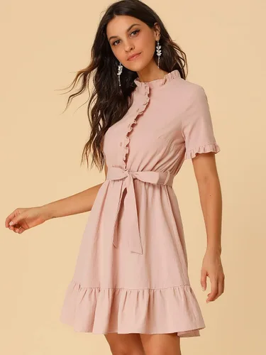 Vista 2 de Allegra K Vestido camisero de algodón ajustado y acampanado para mujer con cinturón y botones frontales con volantes, M