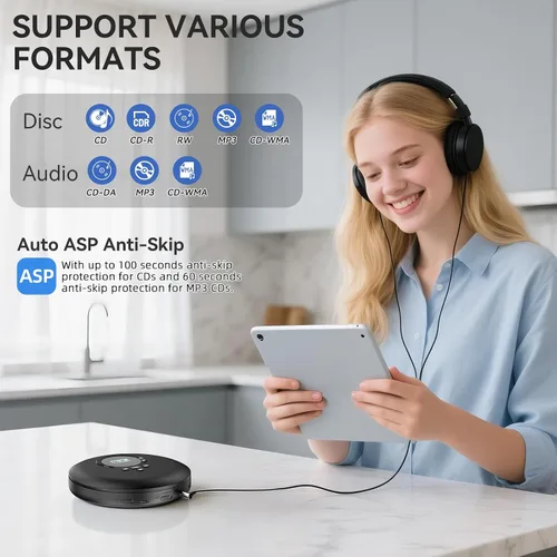 Vista 4 de Gueray Reproductor de CD portátil CD Discman Reproductor de CD portátil para coche con anti-salto a prueba de golpes reproductor de CD personal