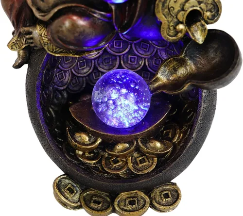 Vista 7 de Ebros Matreiya Laughing Buddha Hotei Sosteniendo lingote de oro sentado en cono gigante de calabaza de vino con cono de reflujo de fondo, estatua