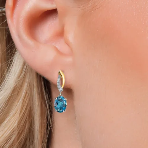 Vista 3 de Gem Stone King Aretes colgantes ovalados de plata 925 y oro amarillo de 10 quilates de 0.315 x 0.236 in con piedra natal y diamantes cultivados