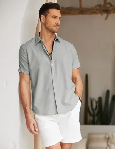 Vista 3 de COOFANDY Camisa de algodón con botones y manga corta para hombre, camisas de playa de lino y verano