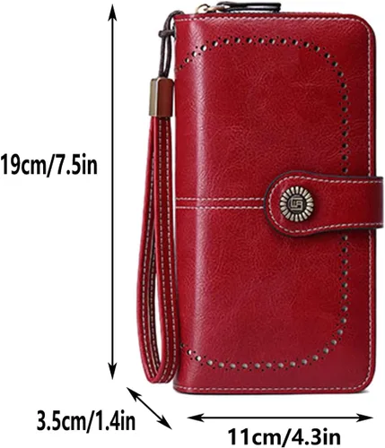 Vista 2 de Cartera de cuero para mujer, cartera de embrague multifunción larga retro de cuero de cera para mujer, Color rojo, Retro