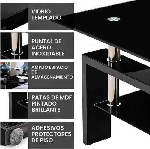 Vista 3 de Mesa de centro de cristal, mesa central rectangular de 2 niveles