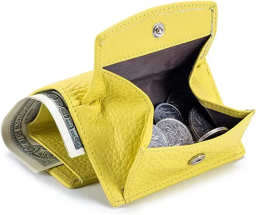 Vista 2 de Cartera pequeña para mujer, de piel con RFID, compacta, para tarjetas, monedero delgado con bolsillo frontal, Amarillo, Minimalista