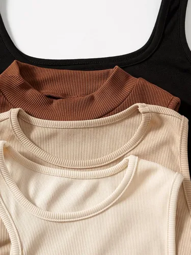 Vista 6 de Milumia Body de 4 piezas para mujer acanalado sin mangas cuello redondo color liso básico